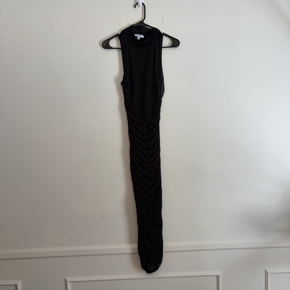 AFRM Black Mesh Mock neck Jeweled Rhinestone Midi‎ Dress Sleeveless Small Ruched